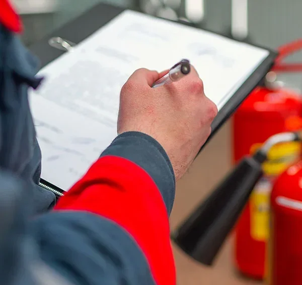 Inspector checking fire safety compliance list, RTek Fire Solutions.