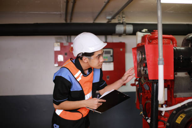 Safety engineer inspecting factory fire hydrant system, RTek Fire Solutions.
